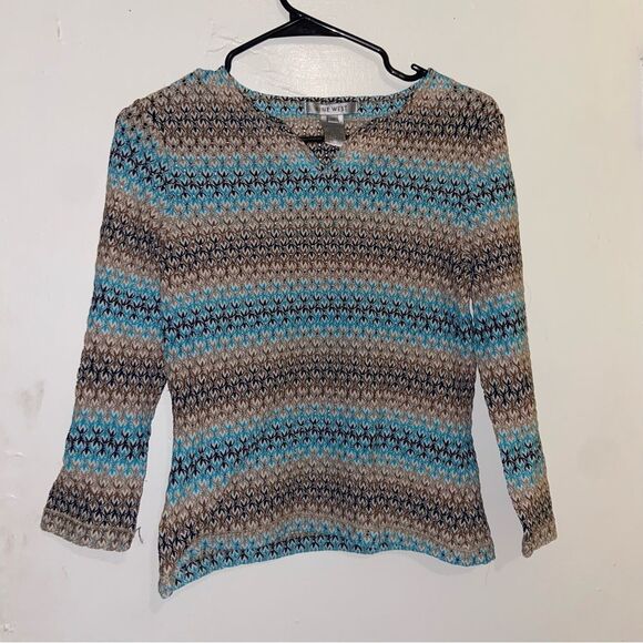 Nine West Blue & Beige Knit Stripe V-Neck Sweater Top - Medium - Picture 1 of 5